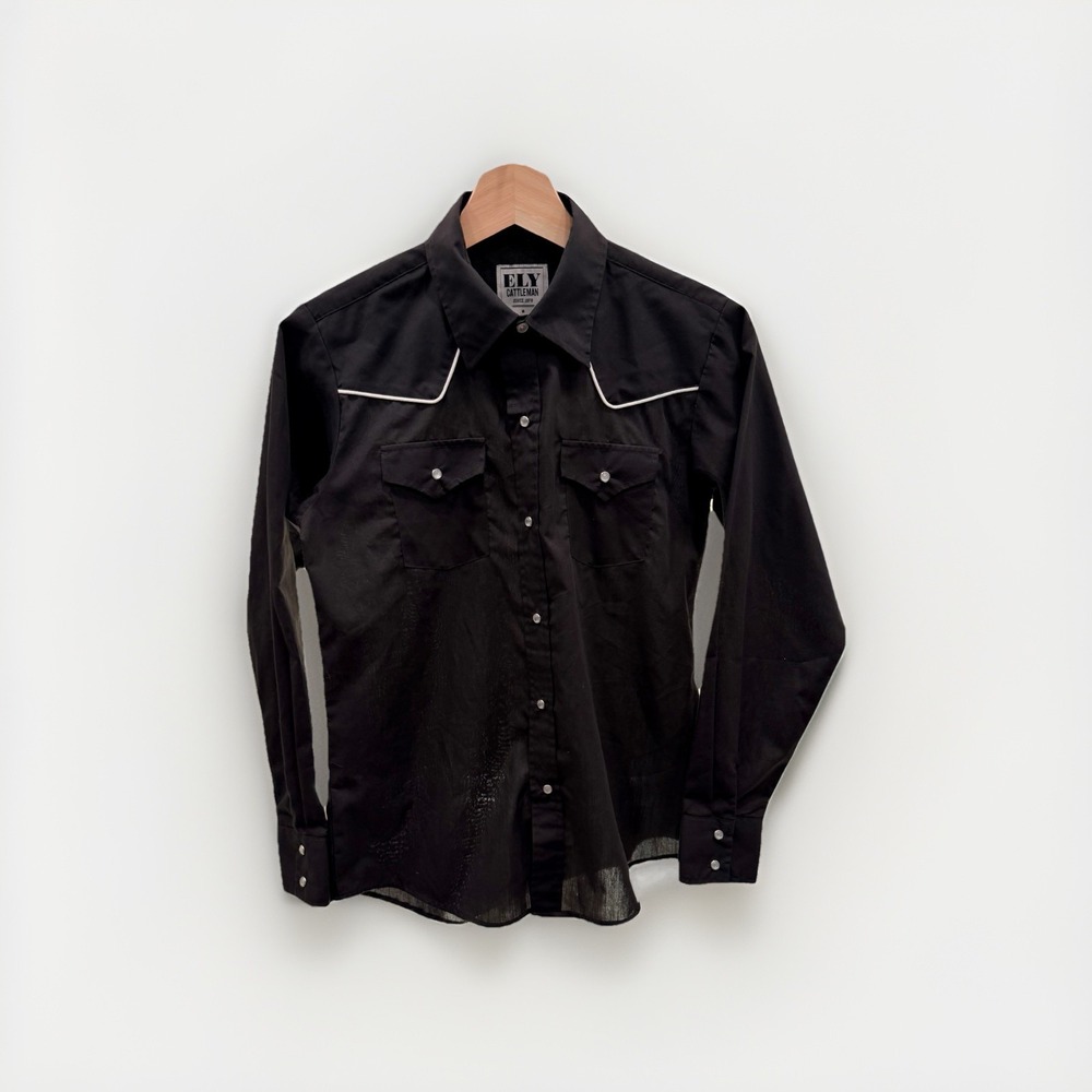 ELY CATTLEMAN Boys' Long Sleeve Solid Black Western Shirt with Piping Size LARGE
